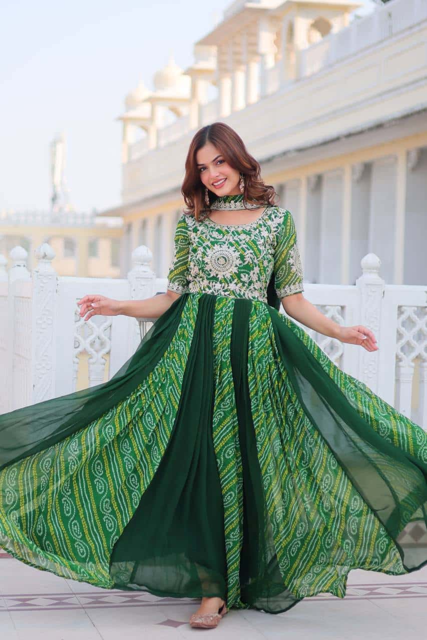 Pure Bandhej Gown with Faux Georgette Dupatta and Sequence Embroidery