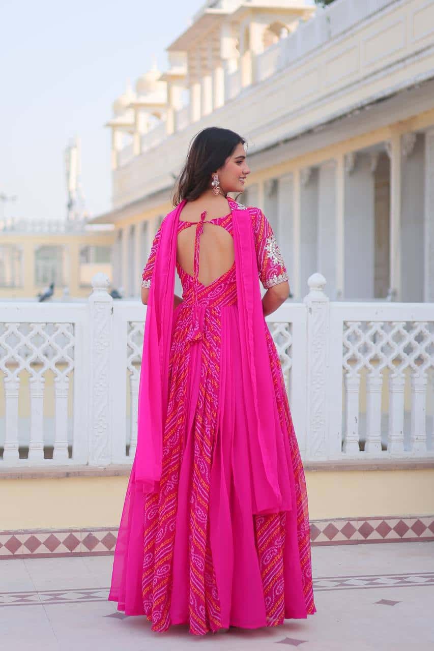 Pure Bandhej Gown with Faux Georgette Dupatta and Sequence Embroidery