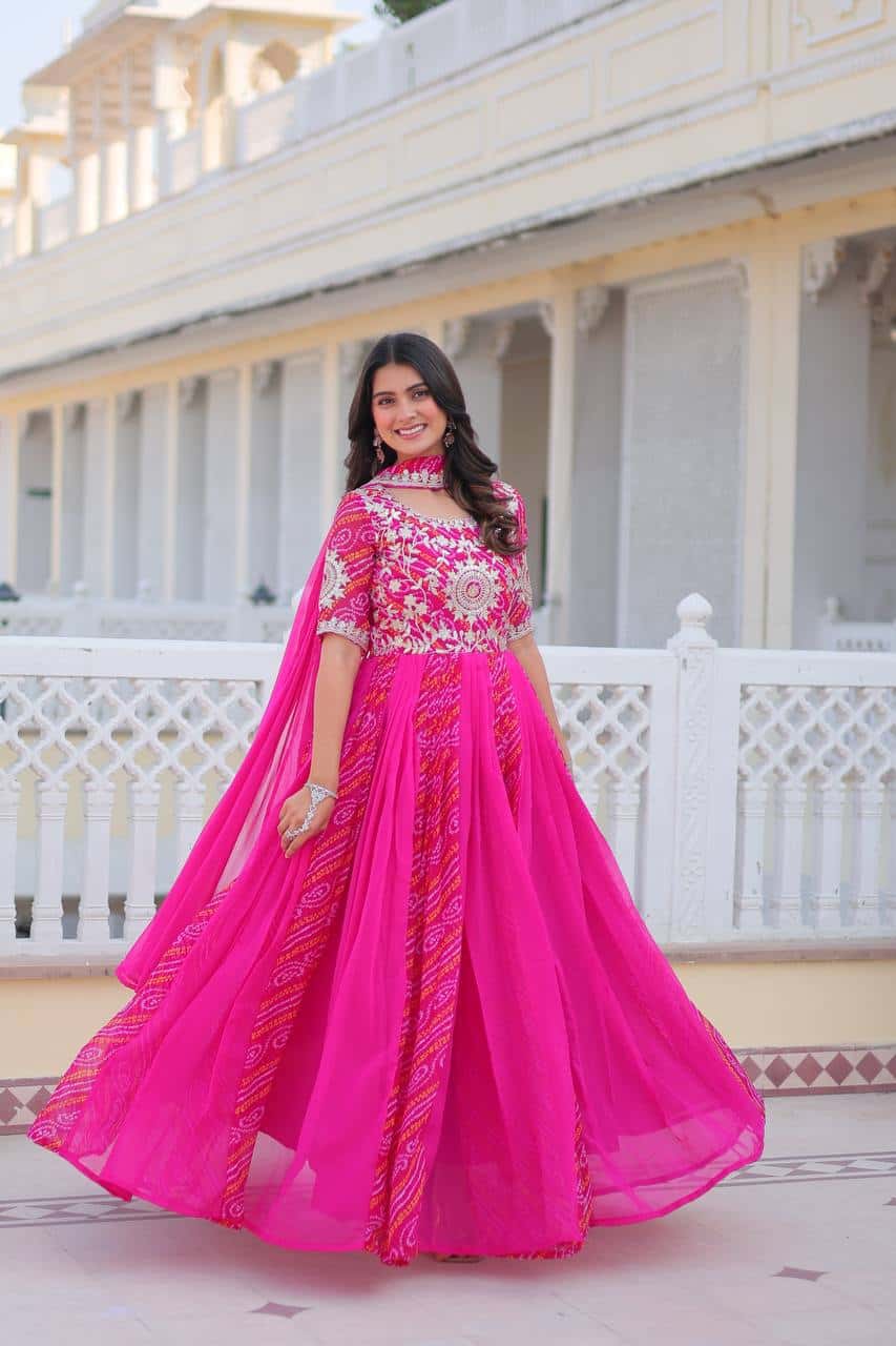 Pure Bandhej Gown with Faux Georgette Dupatta and Sequence Embroidery