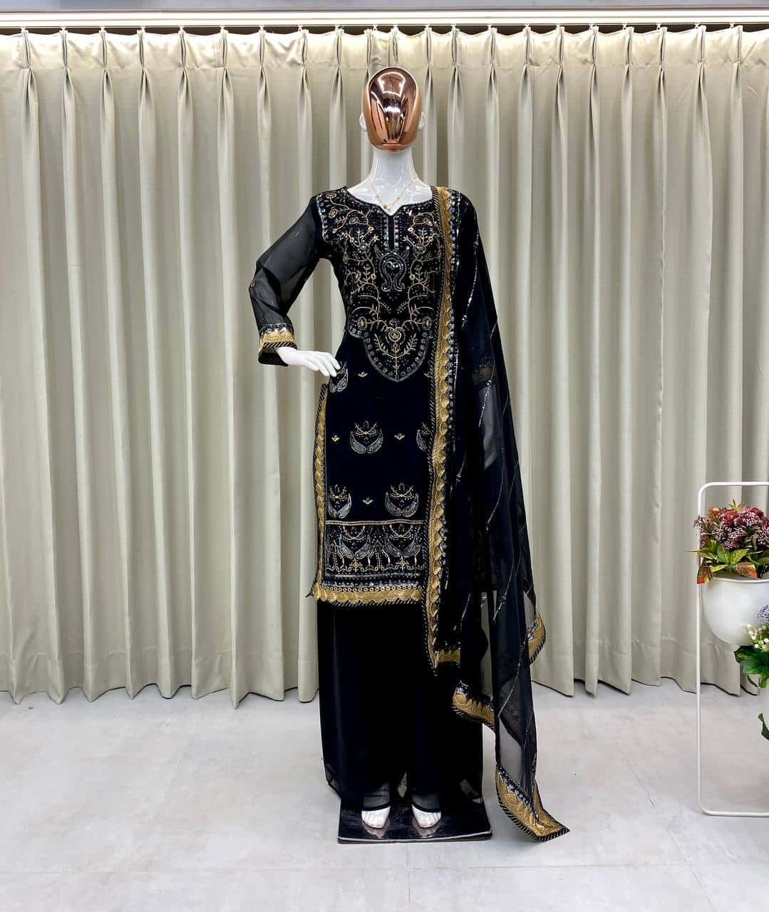 Faux Georgette Embroidered Sequence Anarkali Dress with Silk Inner and Dupatta