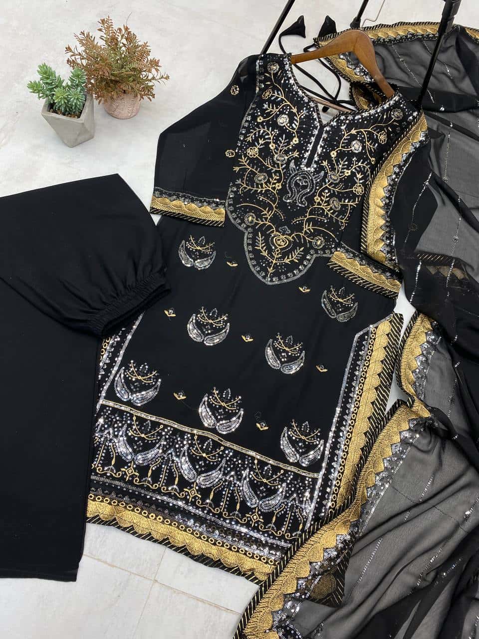 Faux Georgette Embroidered Sequence Anarkali Dress with Silk Inner and Dupatta
