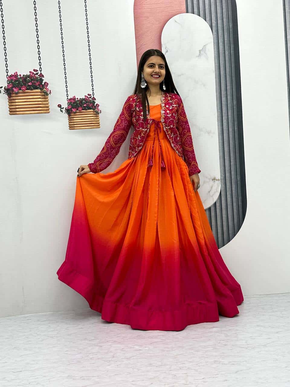 Pure Chinnon Tudey Gown with Bandhej Jacket and Embroidery Work