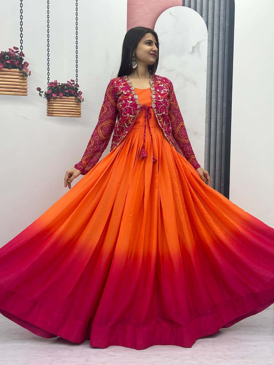 Pure Chinnon Tudey Gown with Bandhej Jacket and Embroidery Work
