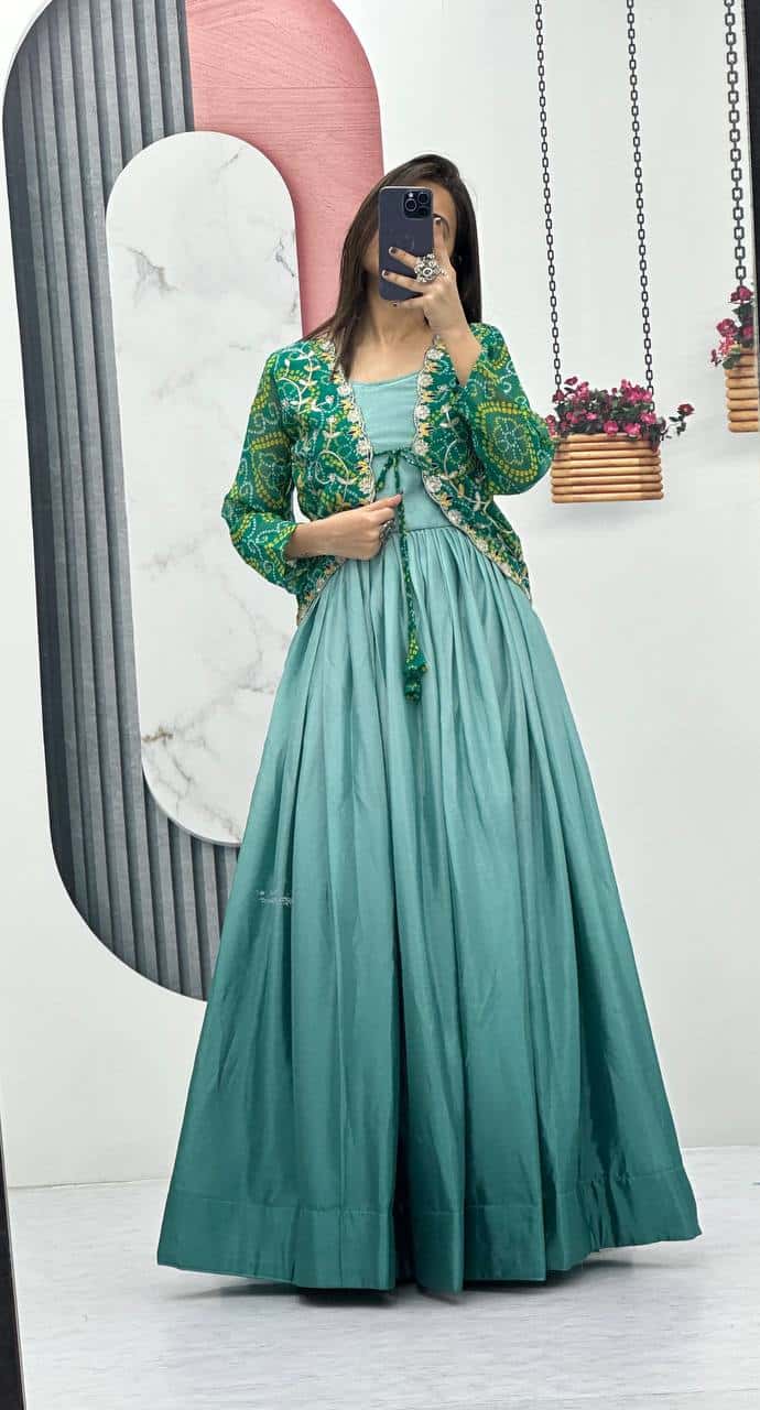 Pure Chinnon Tudey Gown with Bandhej Jacket and Embroidery Work