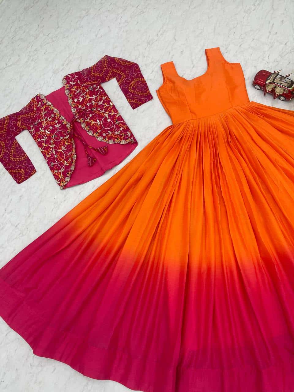 Pure Chinnon Tudey Gown with Bandhej Jacket and Embroidery Work
